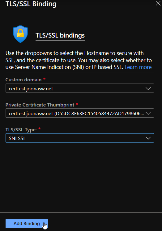 Adding TLS binding connecting the custom domain name to the newly added certificate