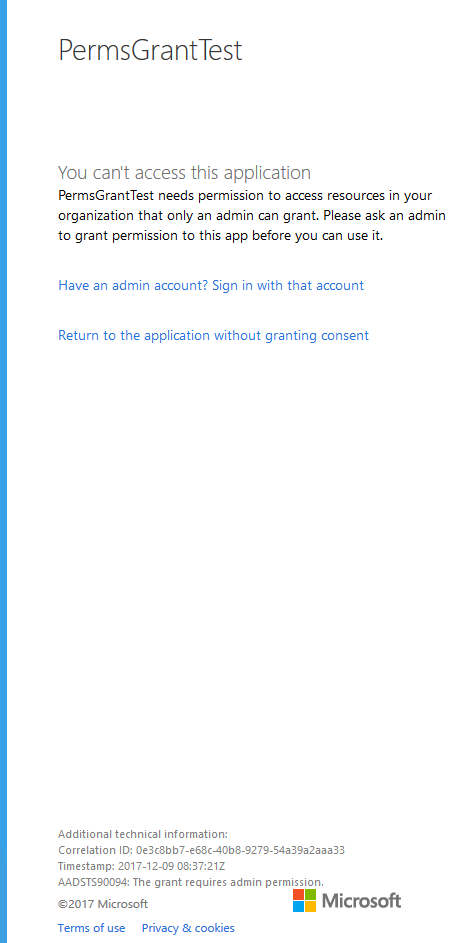 Screenshot of the error in Azure AD